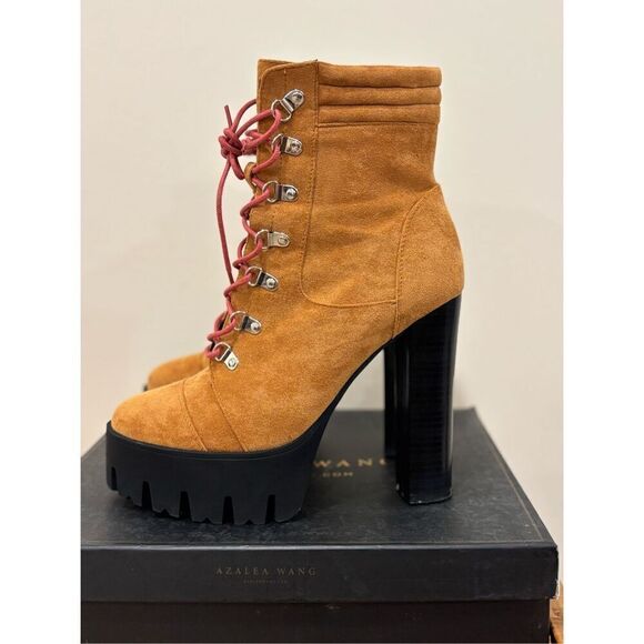 Azalea Wang Women's Suede Lace Up Chunky Heel Platform Bootie Tan Black Size 9 - Picture 1 of 7
